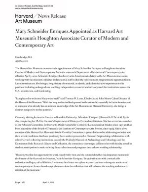 Mary Schneider Enriquez Appointed As Harvard Art Museum's Houghton Associate Curator of Modern and Contemporary