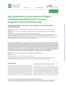 Key Metabolites in Tissue Extracts of Elliptio Complanata Identified Using 1H Nuclear Magnetic Resonance Spectroscopy