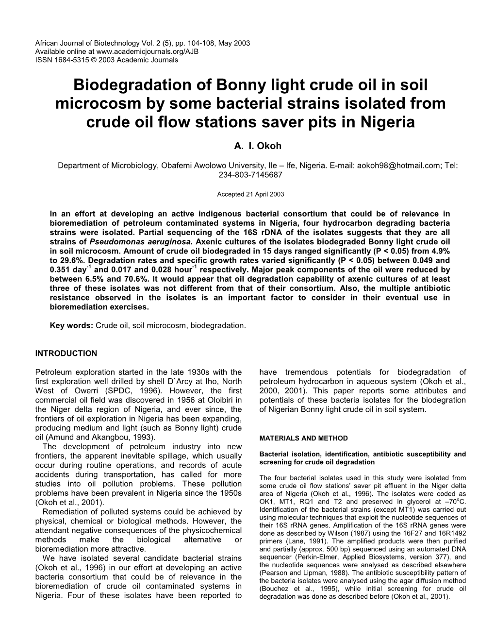 Biodegradation Bonny Light Crude Oil in Soil Microcosm