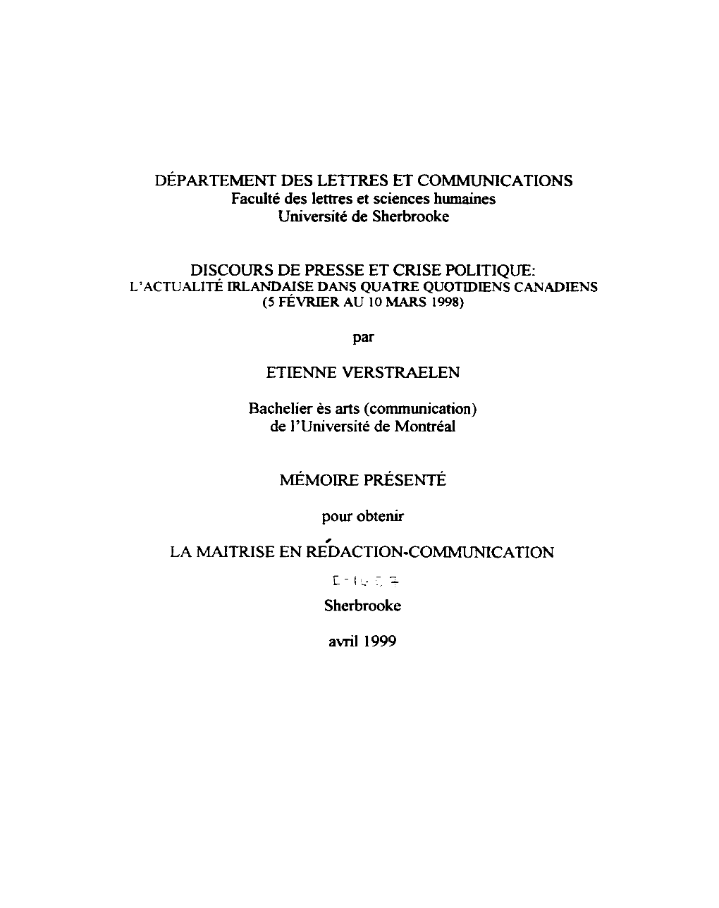 COMMUNICATIONS Facuité Des Lettres Et Sciences Humaines Université De Sherbrooke