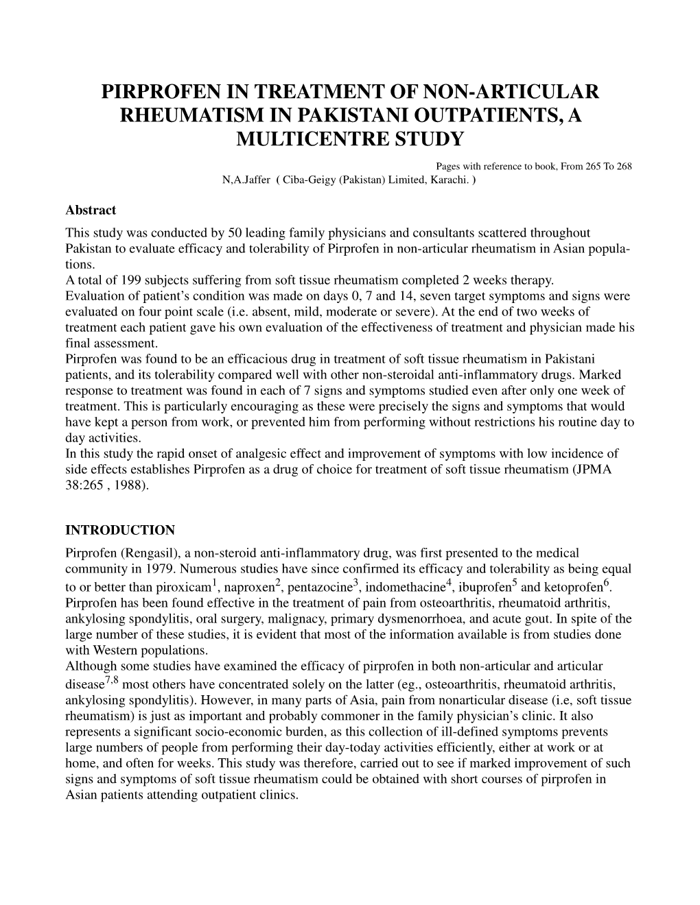 Pirprofen in Treatment of Non-Articular Rheumatism in Pakistani Outpatients, a Multicentre Study