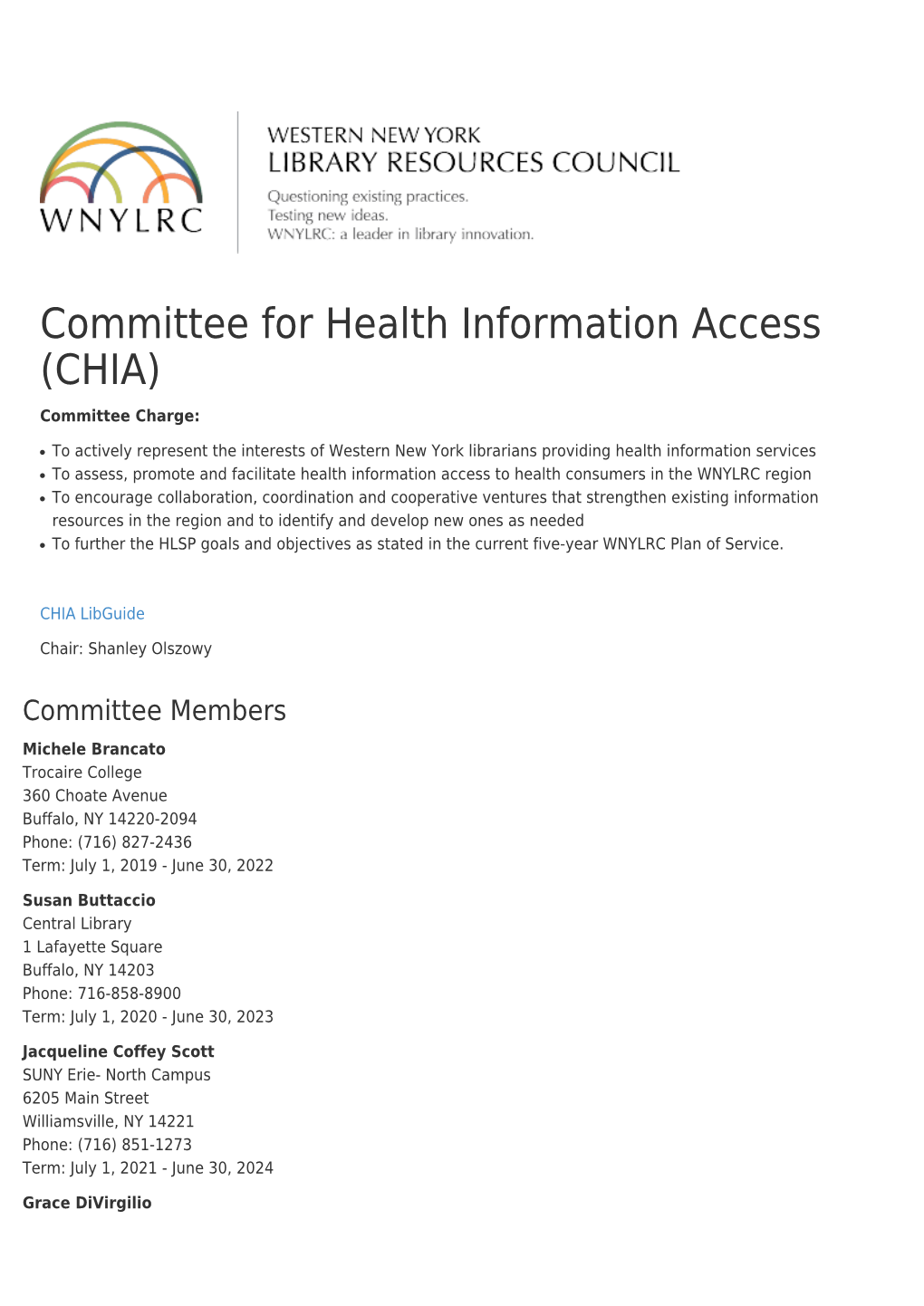 Committee for Health Information Access (CHIA) Committee Charge