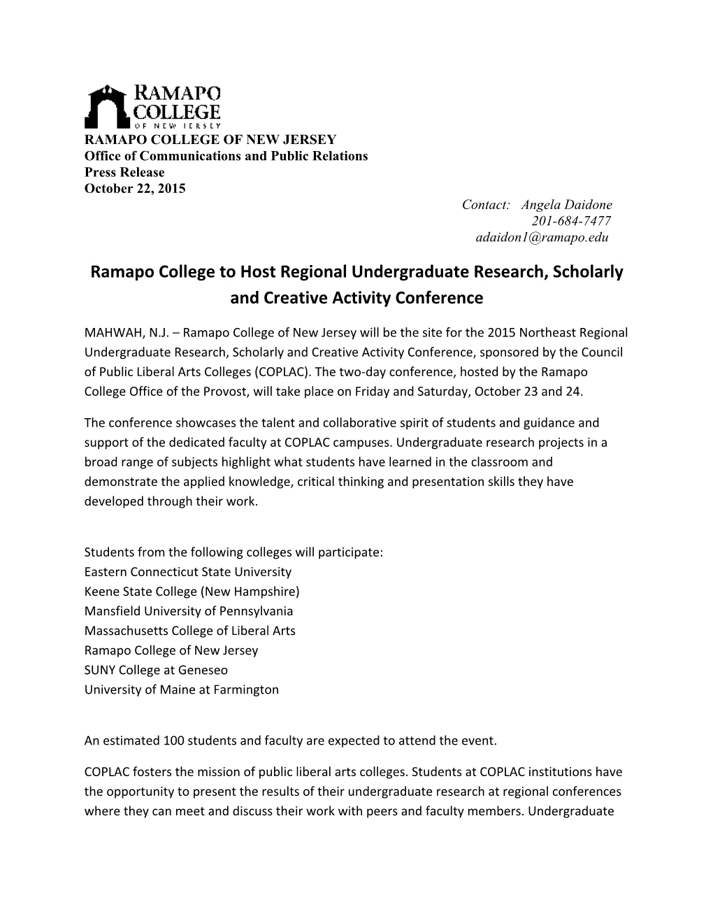 Ramapo College to Host Regional Undergraduate Research, Scholarly and Creative Activity Conference