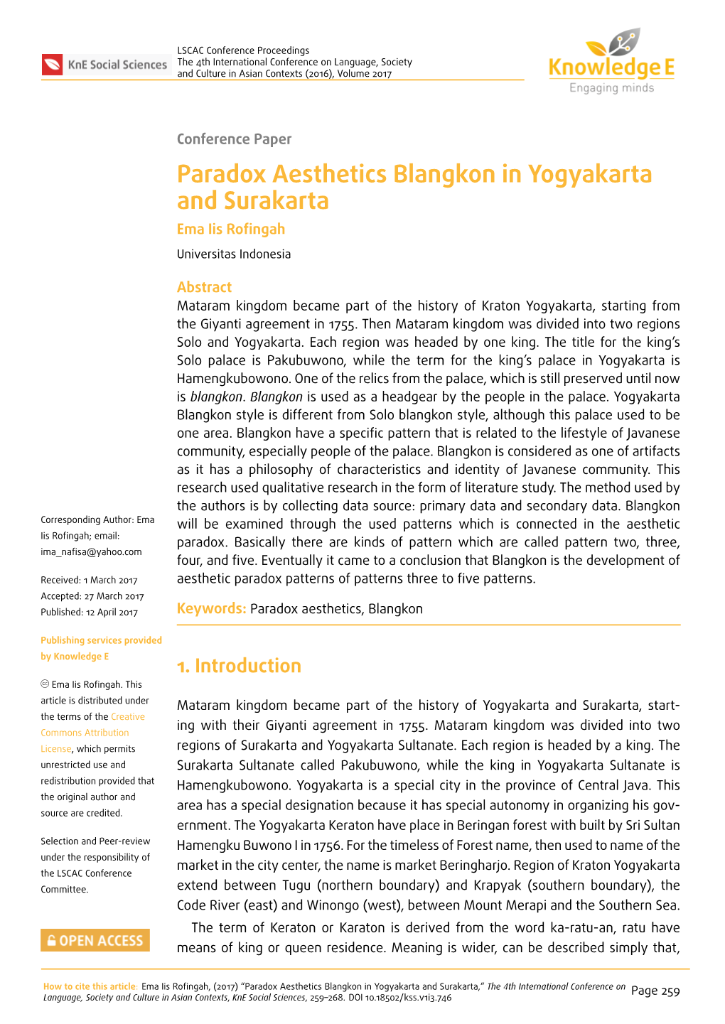 Paradox Aesthetics Blangkon in Yogyakarta and Surakarta Ema Iis Roﬁngah Universitas Indonesia