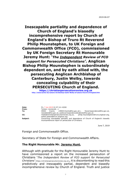 FCO), Commissioned by UK Foreign Secretary Rt Honourable Jeremy Hunt: ‘The Independent Review of FCO Support for Persecuted Christians’