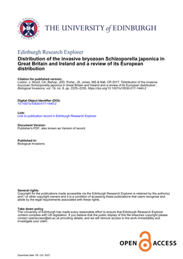 Distribution of the Invasive Bryozoan Schizoporella Japonica in Great Britain and Ireland and a Review of Its European Distribution