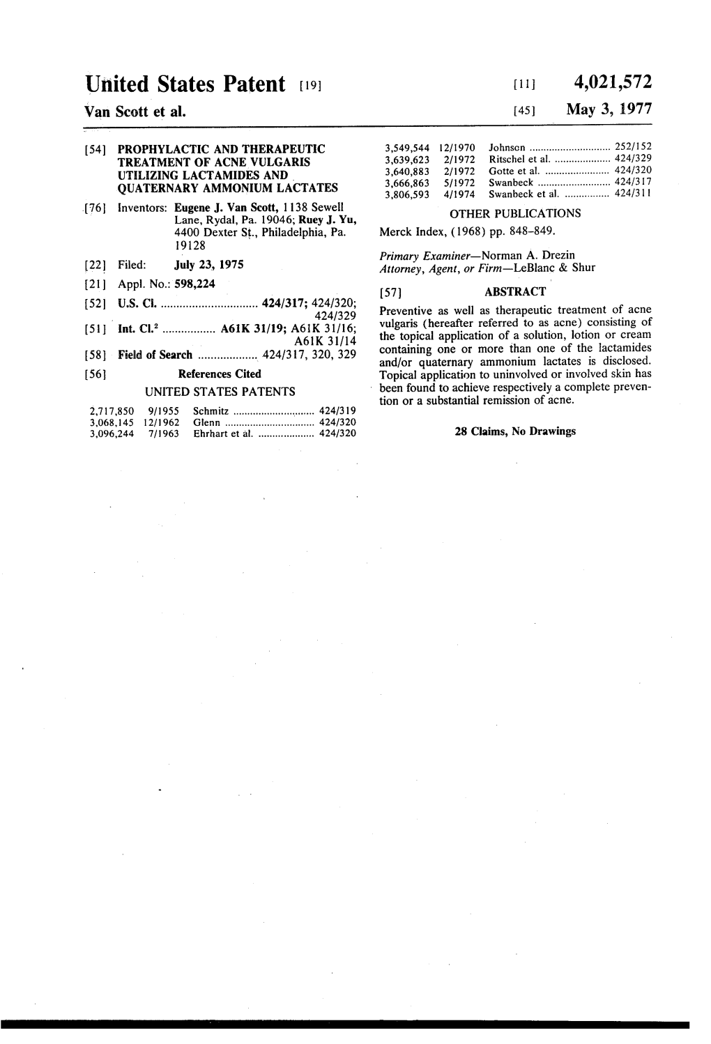 United States Patent (19) 1 4,021,572 Van Scott Et Al