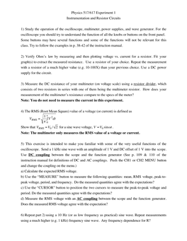 Physics 517/617 Experiment 1 Instrumentation and Resistor Circuits