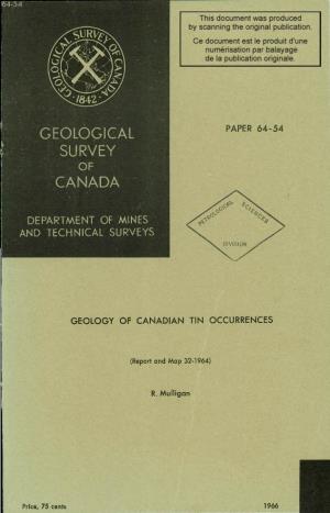 Paper 64-54 Geology of Canadian Tin Occurrences