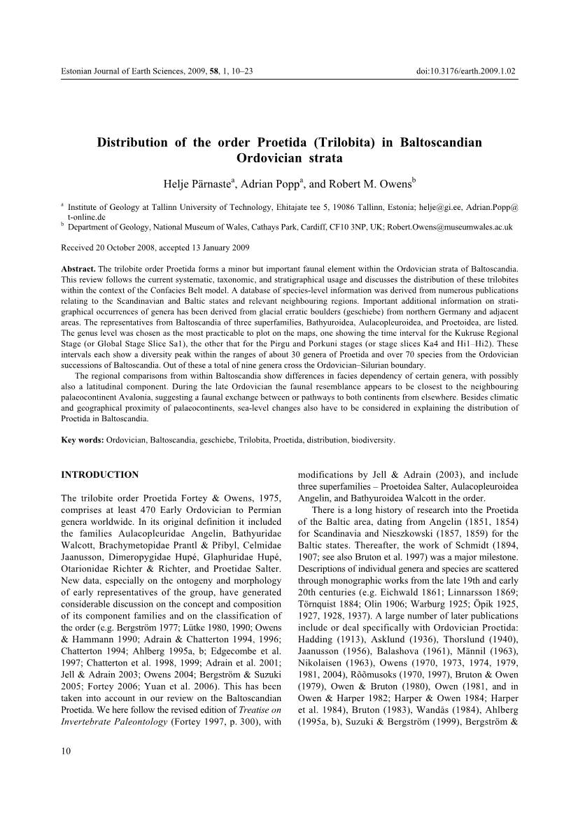 Distribution of the Order Proetida (Trilobita) in Baltoscandian Ordovician Strata