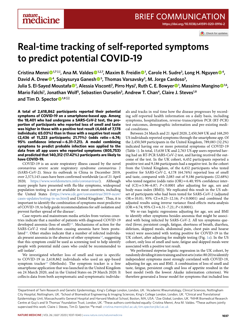 Real-Time Tracking of Self-Reported Symptoms to Predict Potential COVID-19