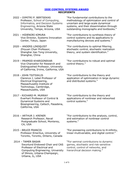 Ieee Control Systems Award Recipients