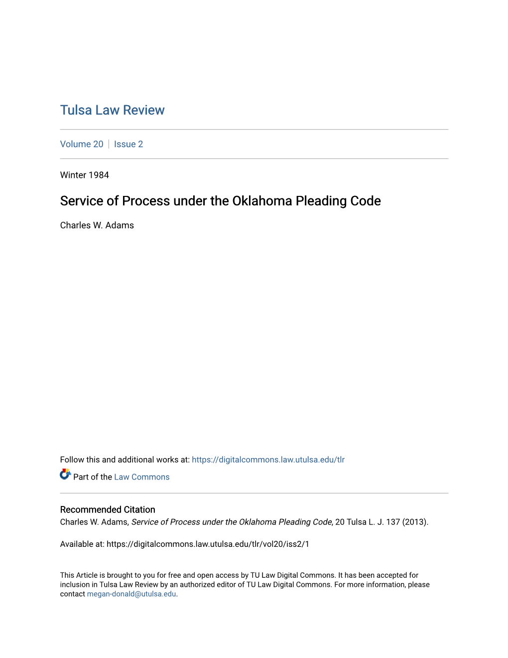 Service of Process Under the Oklahoma Pleading Code