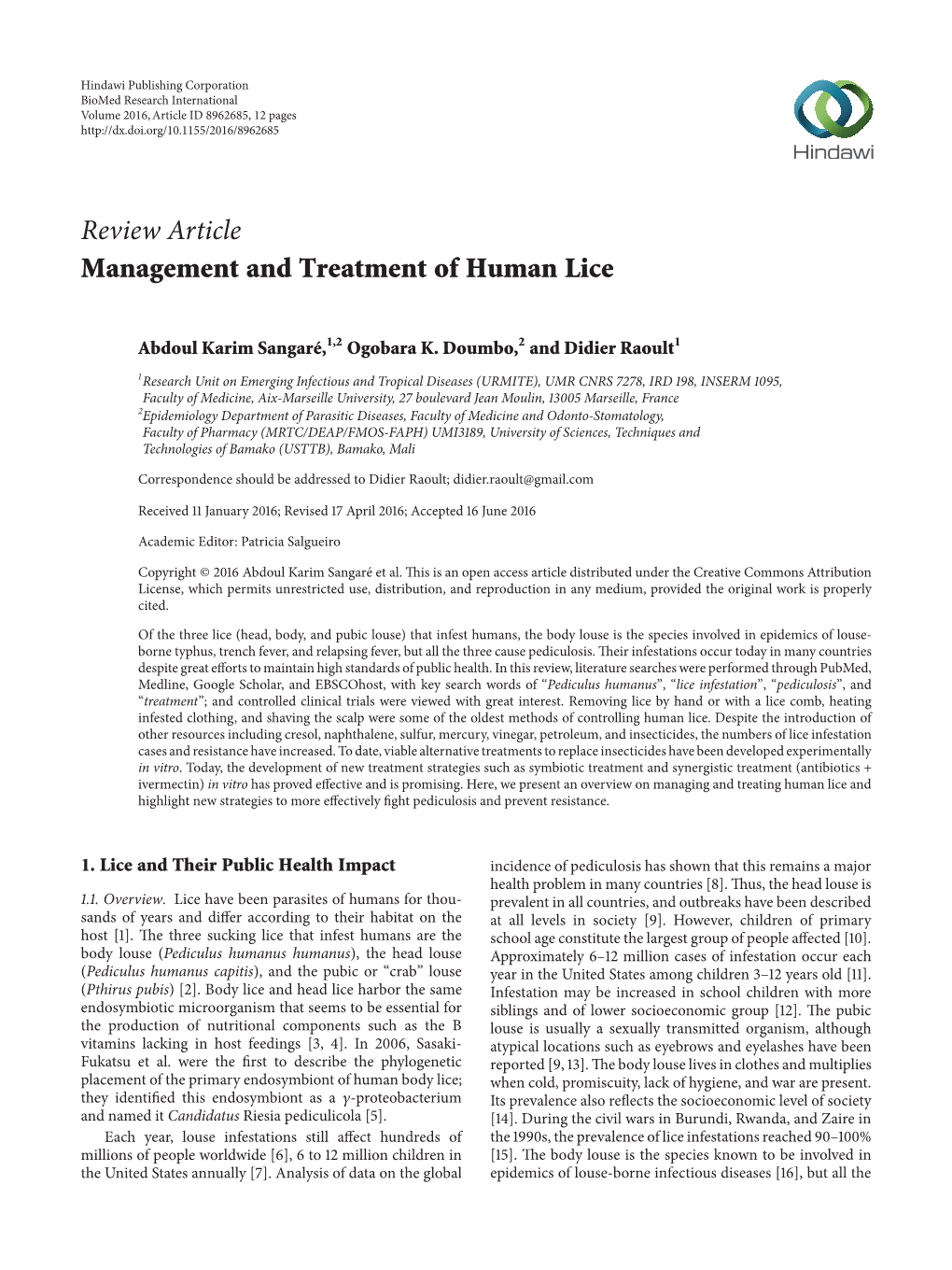 Management and Treatment of Human Lice