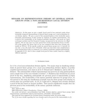 Remark on Representation Theory of General Linear Groups Over a Non-Archimedean Local Division Algebra