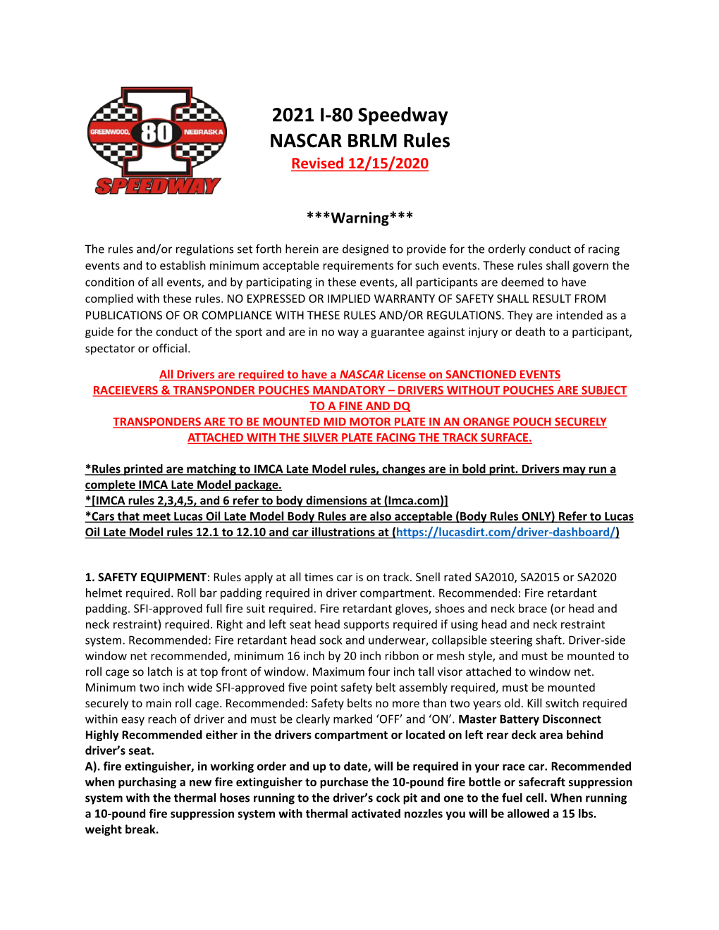 2021 I-80 Speedway NASCAR BRLM Rules Revised 12/15/2020