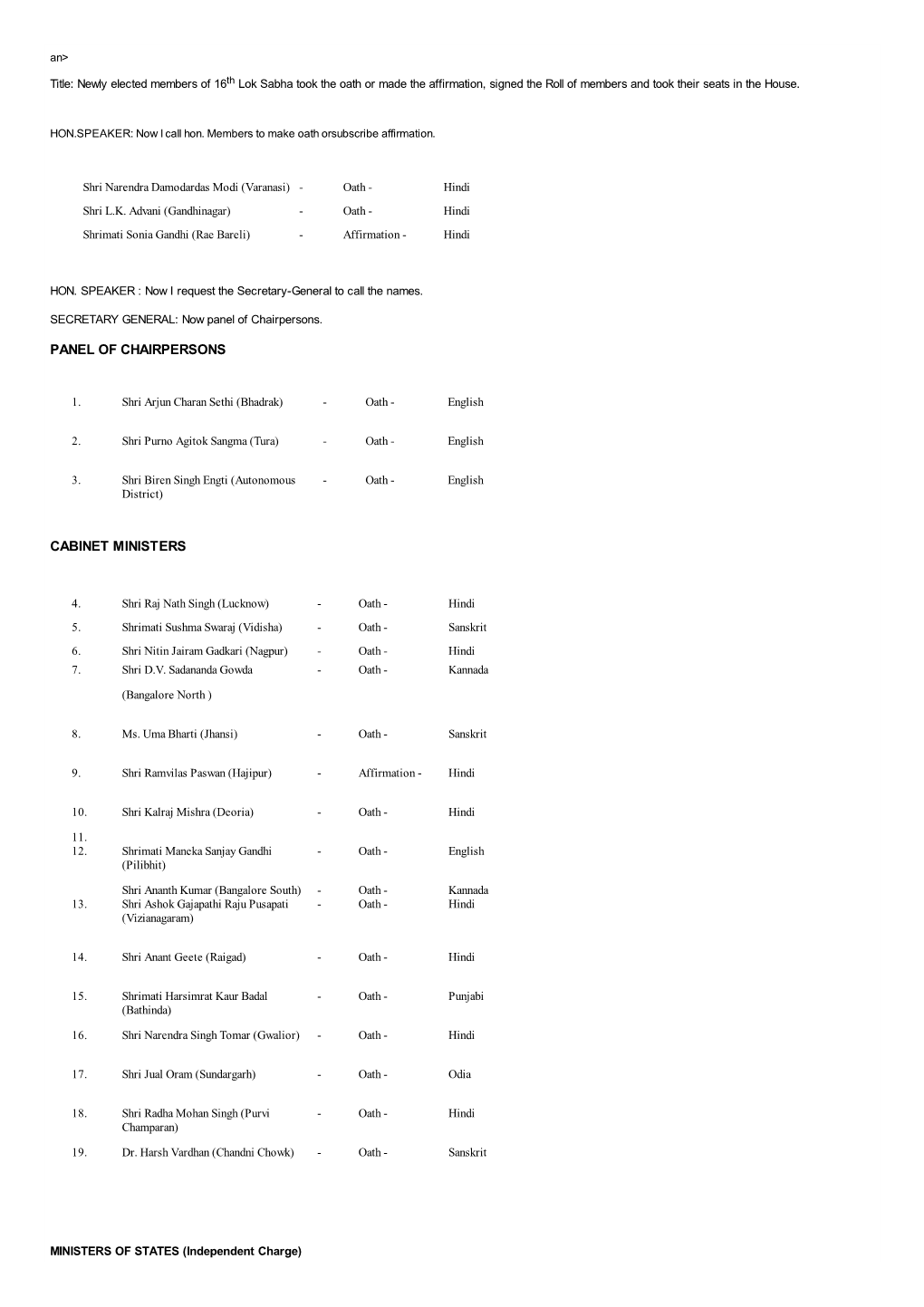 Panel of Chairpersons Cabinet Ministers