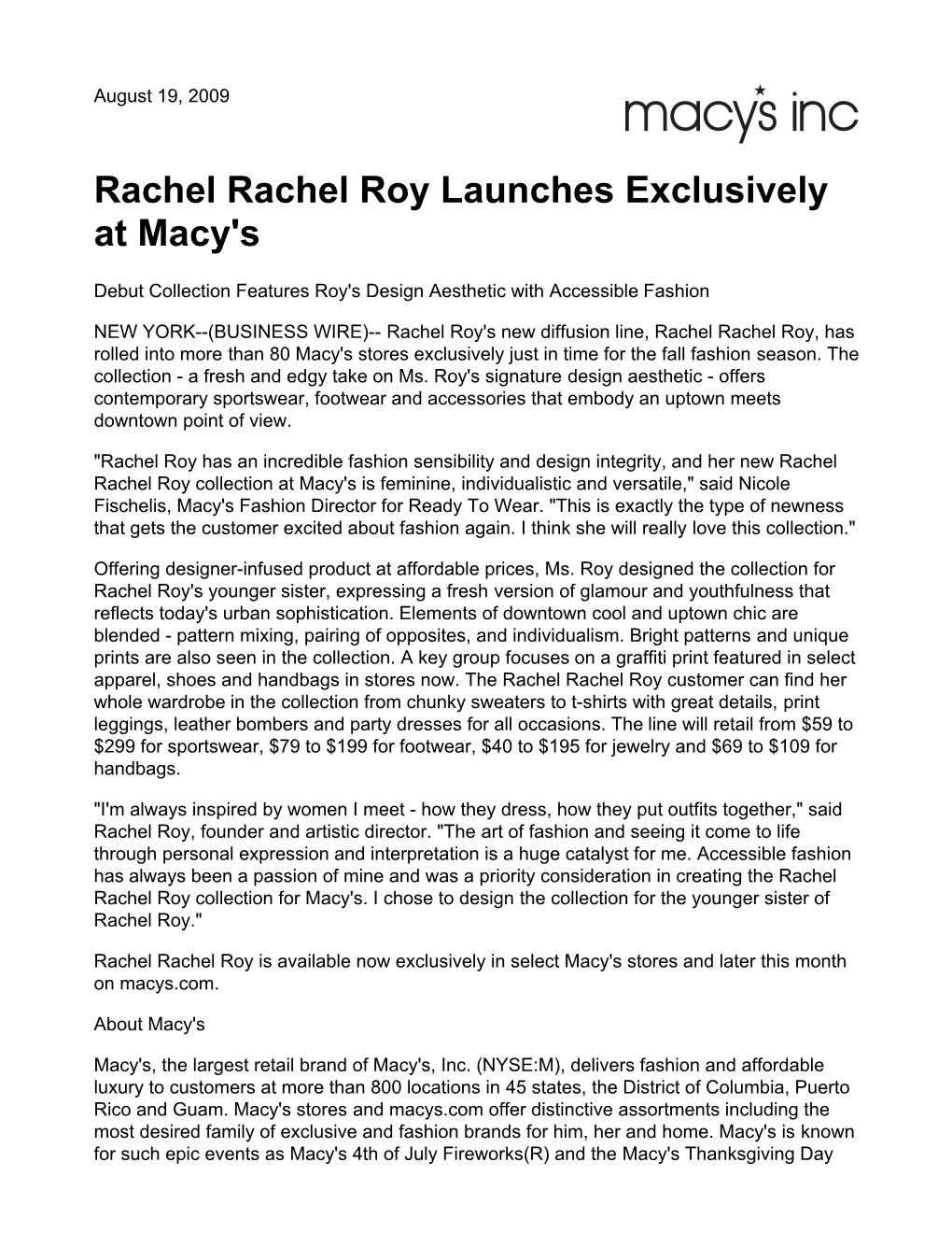 Rachel Rachel Roy Launches Exclusively at Macy's
