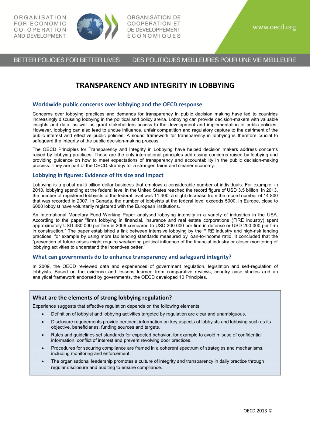 Transparency and Integrity in Lobbying