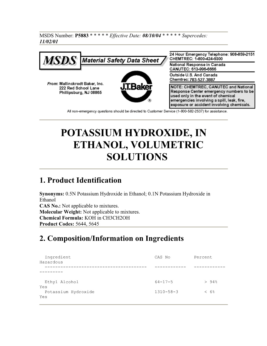 Potassium Hydroxide, in Ethanol, Volumetric Solutions
