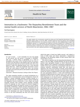 Innovation in a Backwater: the Harpurhey Resettlement Team and the Mental Health Services of North Manchester, 1982–1987