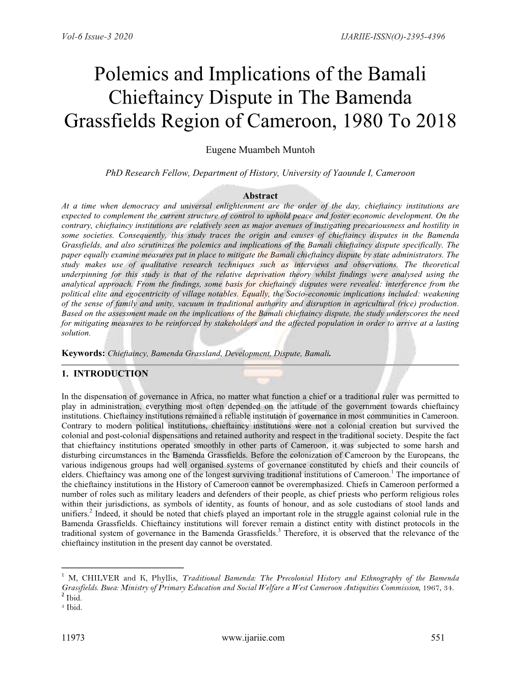 Polemics and Implications of the Bamali Chieftaincy Dispute in the Bamenda Grassfields Region of Cameroon, 1980 to 2018