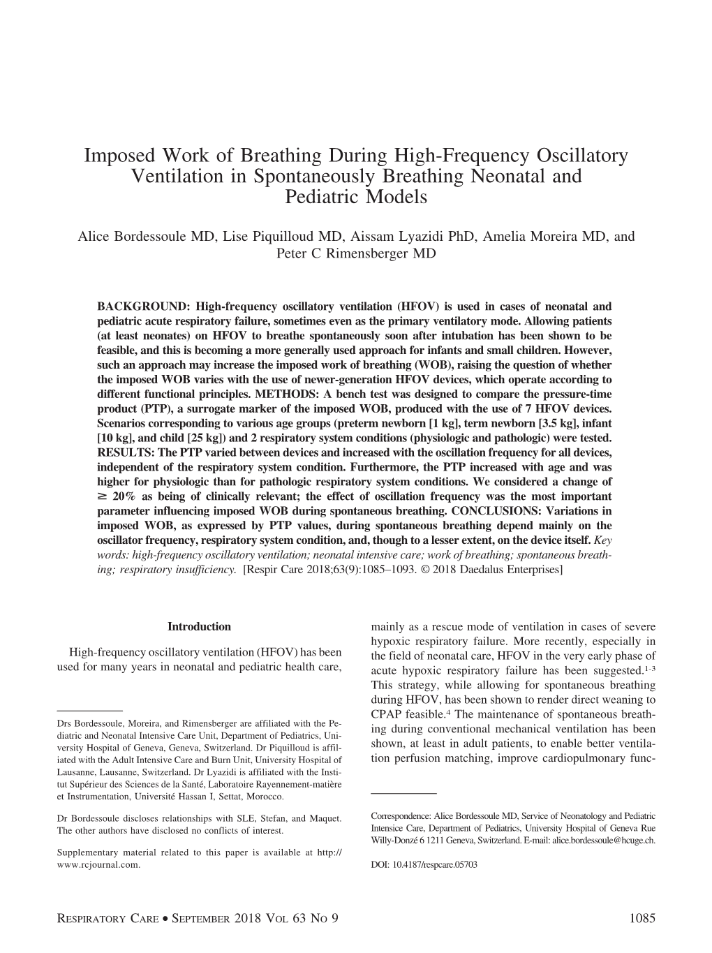 Imposed Work of Breathing During High-Frequency Oscillatory Ventilation in Spontaneously Breathing Neonatal and Pediatric Models