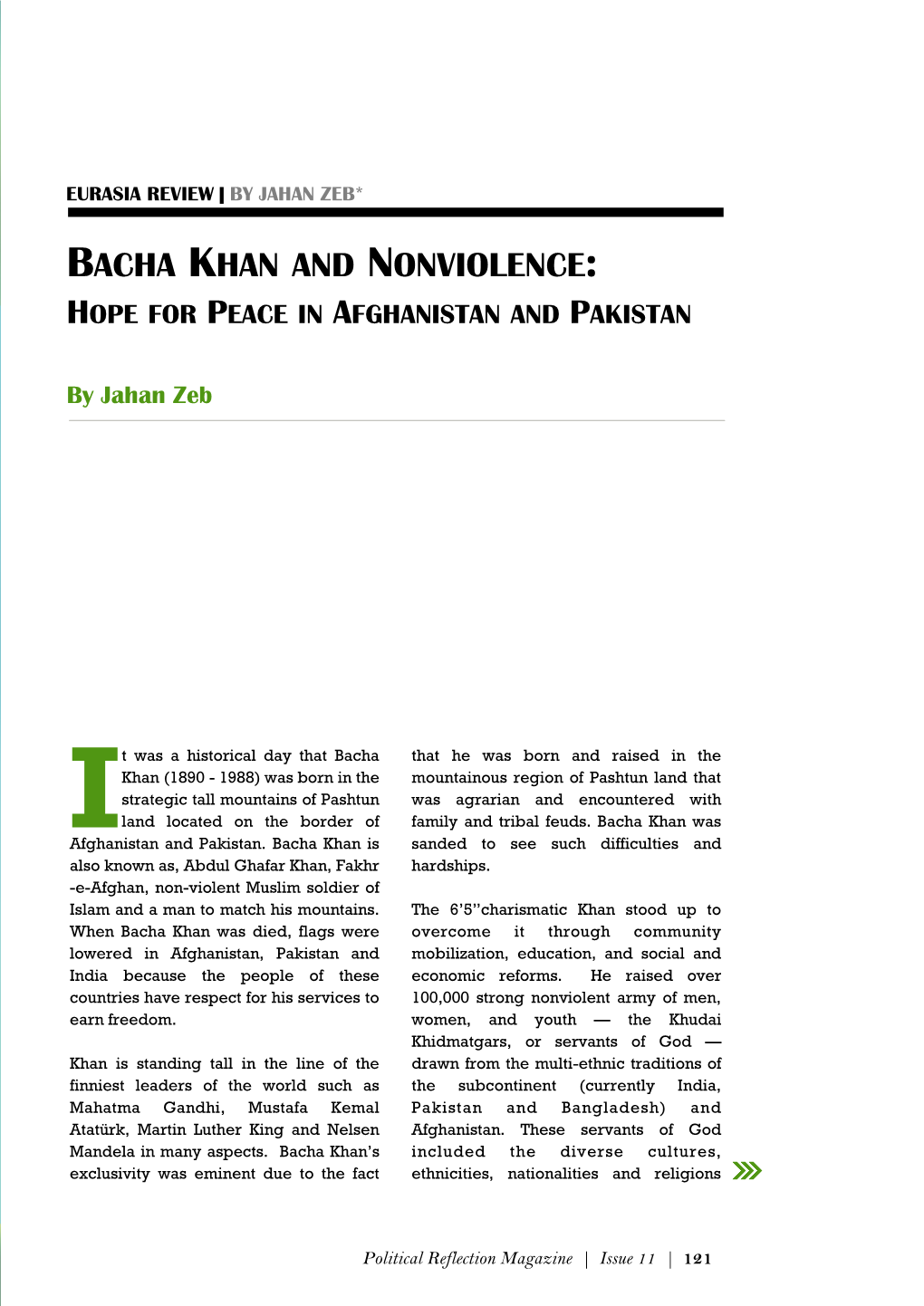 Bacha Khan and Nonviolence: Hope for Peace in Afghanistan and Pakistan