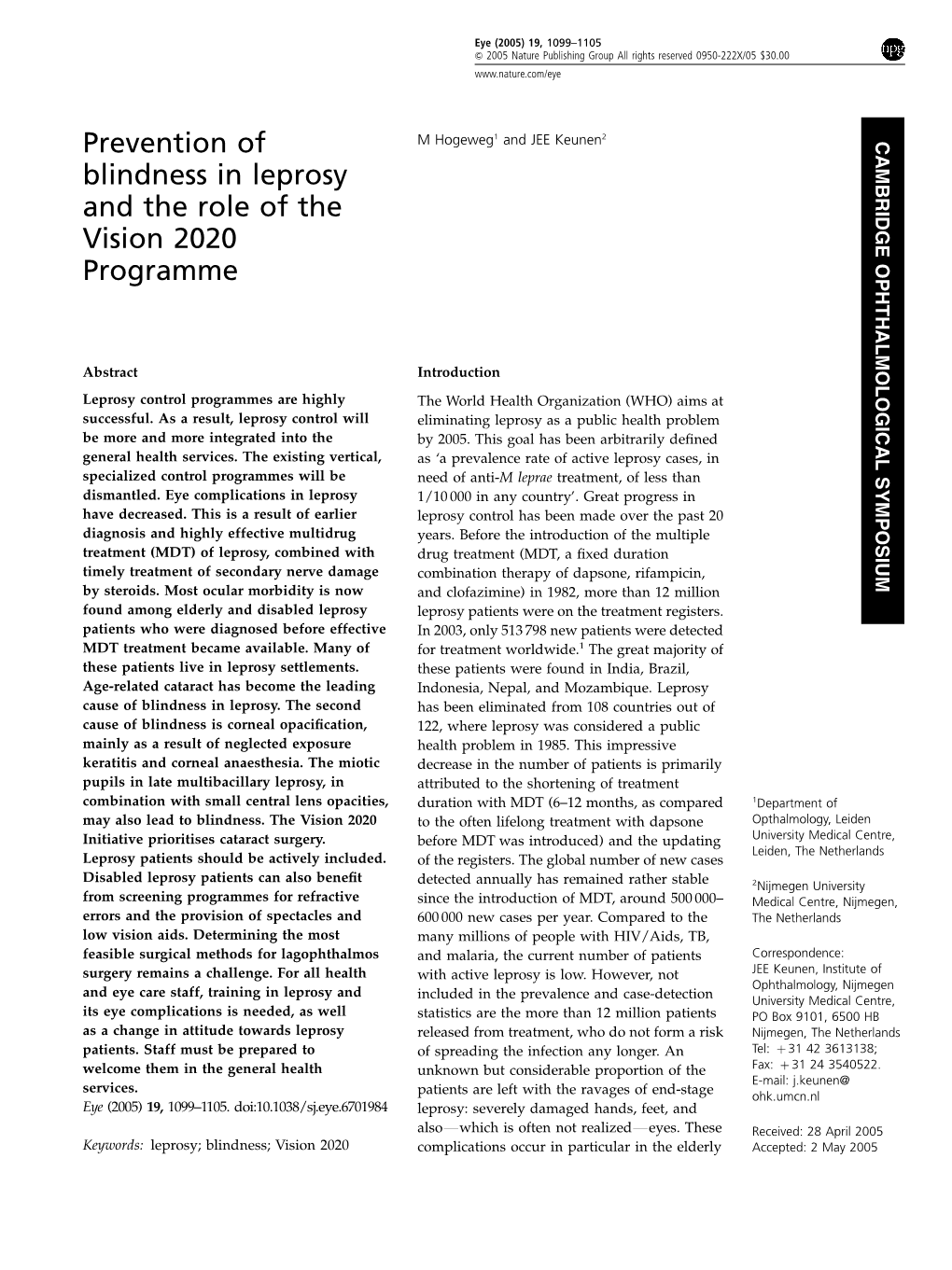 Prevention of Blindness in Leprosy and the Role of the Vision 2020 Programme