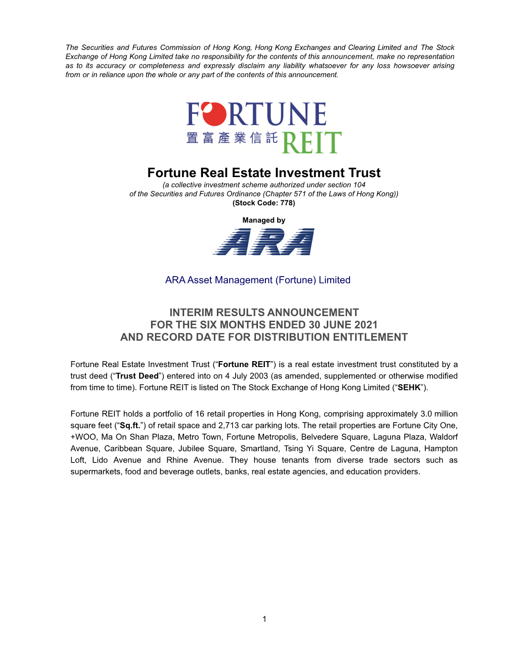 Fortune Real Estate Investment Trust
