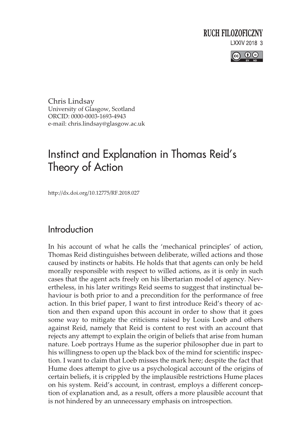 Instinct and Explanation in Thomas Reid's Theory of Action