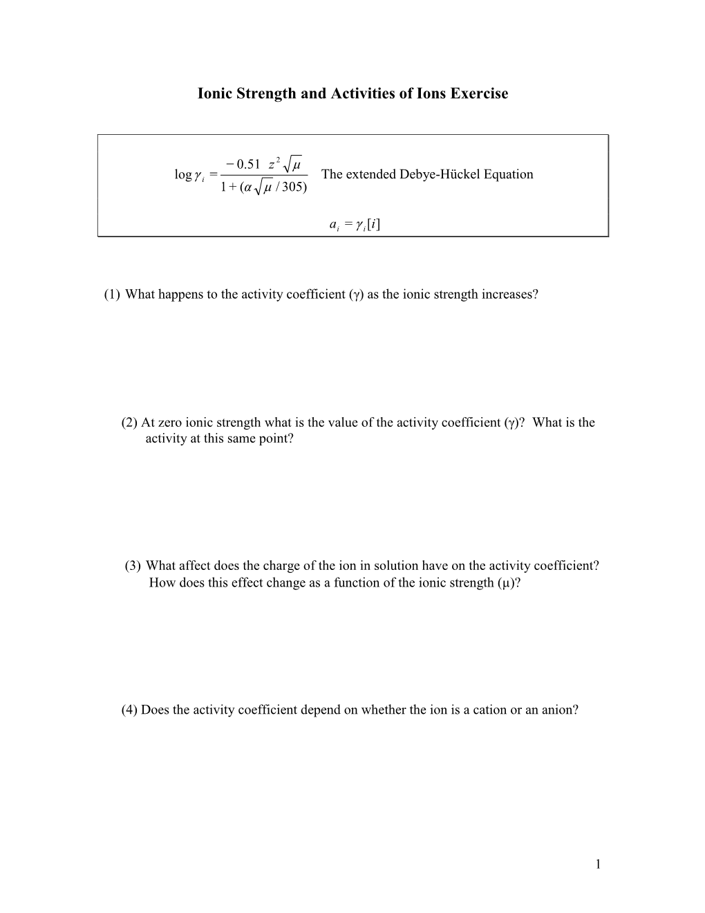 Ionic Strength and Activities of Ions Exercise