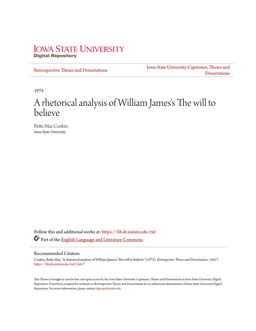 A Rhetorical Analysis of William James's the Will to Believe Bette Mae Conkin Iowa State University