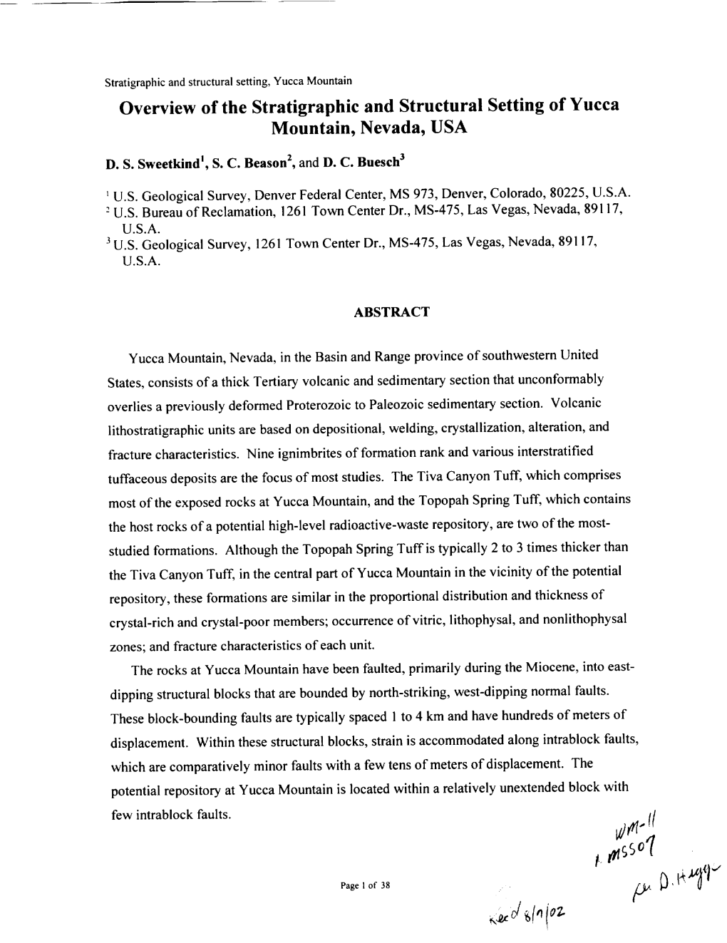 Overview of the Stratigraphic and Structural Setting of Yucca Mountain, Nevada, USA