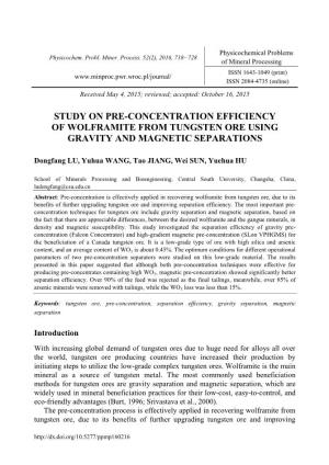 Study on Pre-Concentration Efficiency of Wolframite from Tungsten Ore Using Gravity and Magnetic Separations