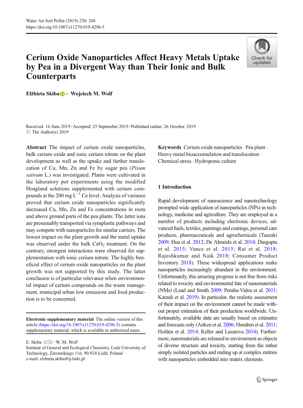 Cerium Oxide Nanoparticles Affect Heavy Metals Uptake by Pea in a Divergent Way Than Their Ionic and Bulk Counterparts