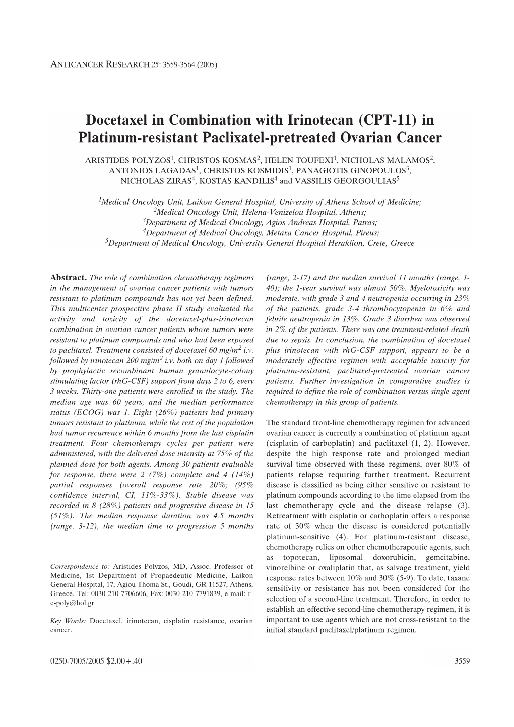 Docetaxel in Combination with Irinotecan (CPT-11) in Platinum-Resistant Paclixatel-Pretreated Ovarian Cancer