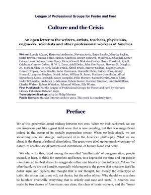Culture and the Crisis Preface