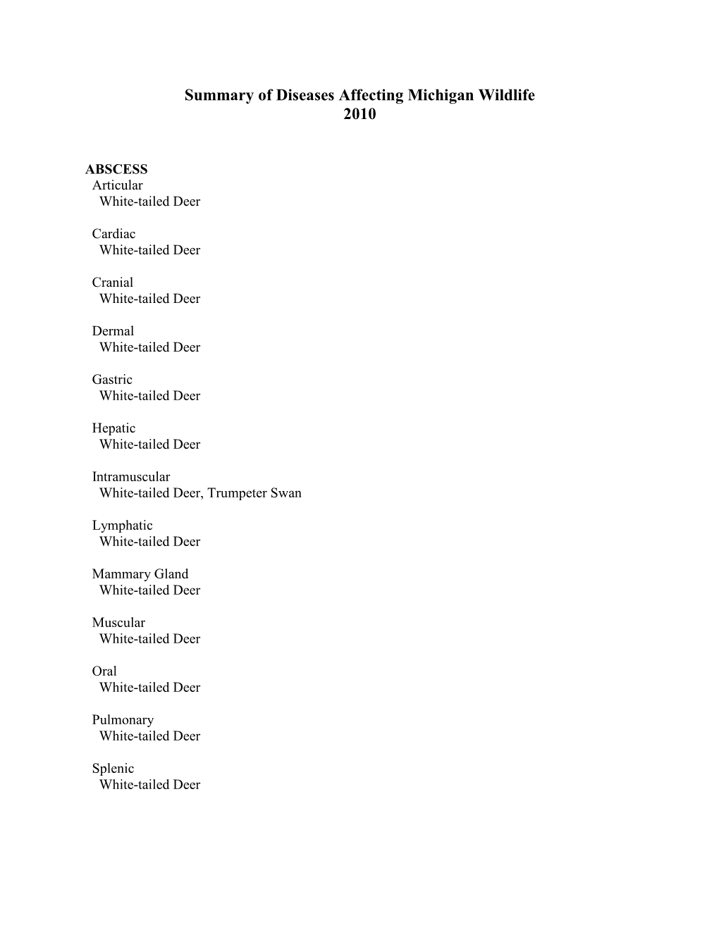 2010 Summary of Diseases Affecting Michigan Wildlife