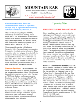 MOUNTAIN EAR Monthly Newsletter of the Rocky Mountaineers July, 2005 Missoula, Montana