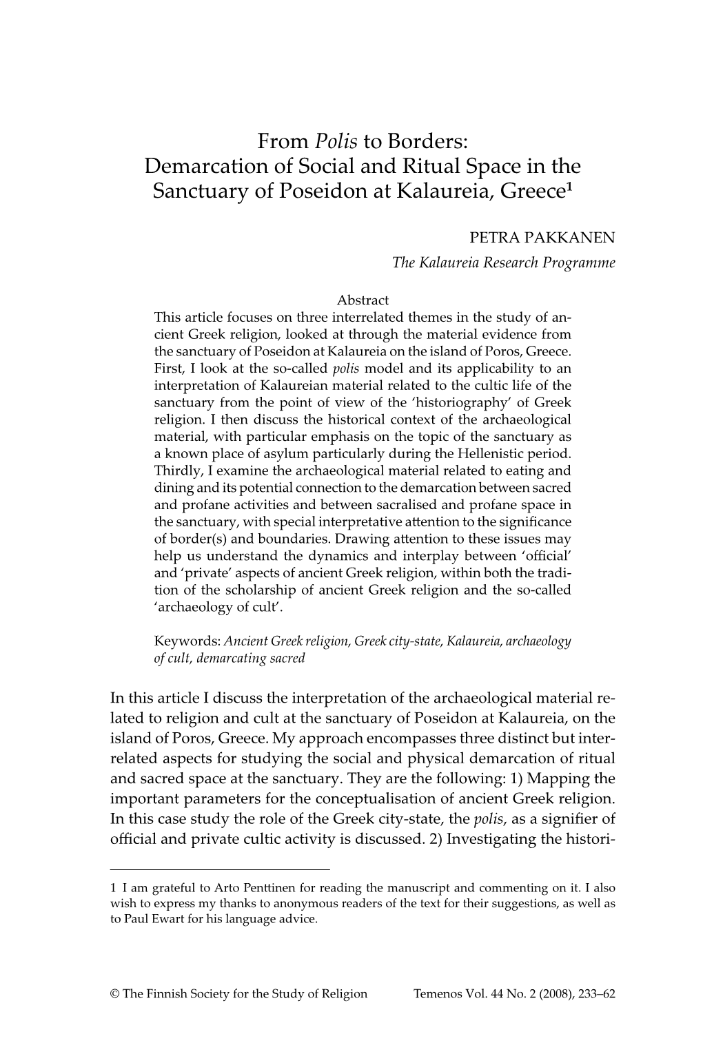 From Polis to Borders: Demarcation of Social and Ritual Space in the Sanctuary of Poseidon at Kalaureia, Greece1