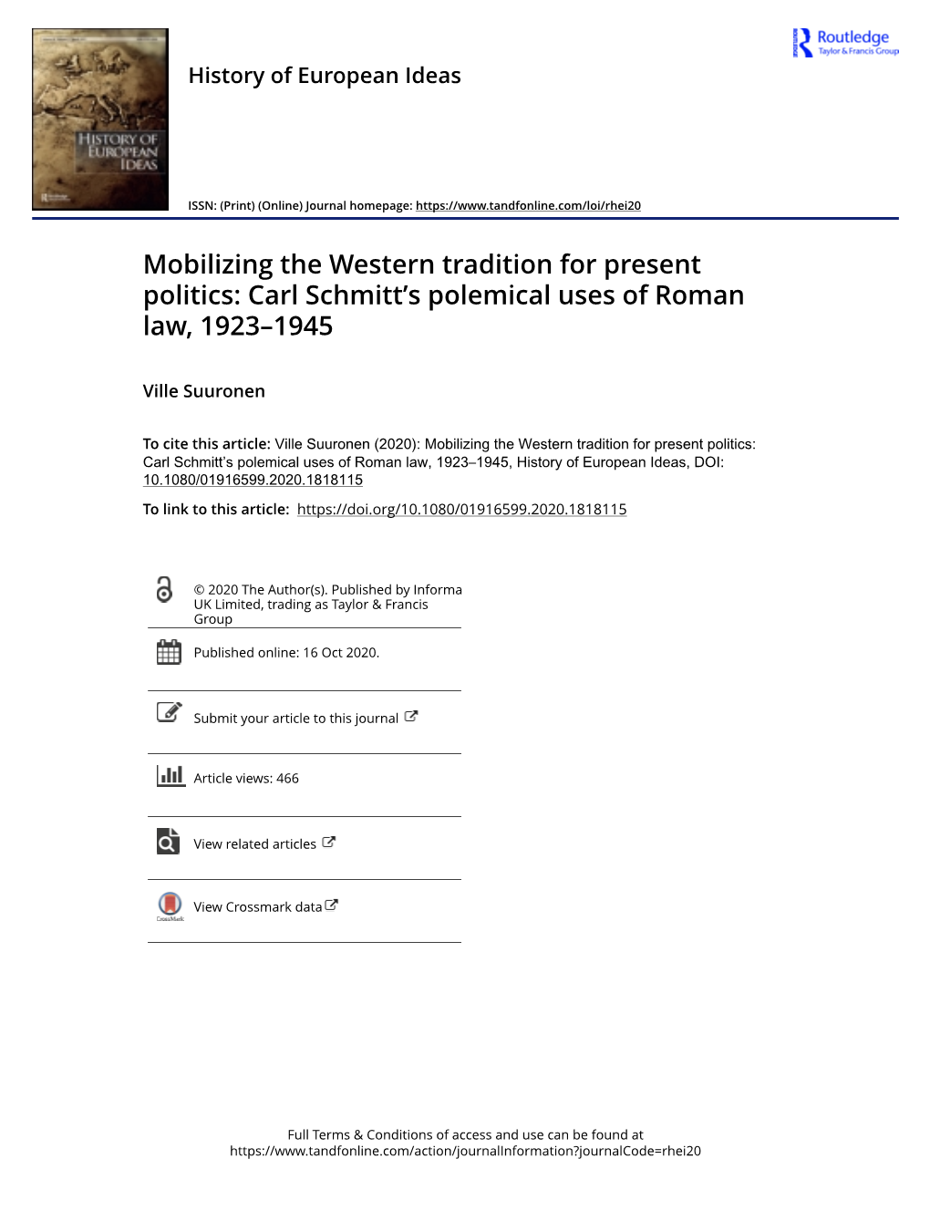 Mobilizing the Western Tradition for Present Politics Carl Schmitt S Polemical Uses of Roman Law 1923