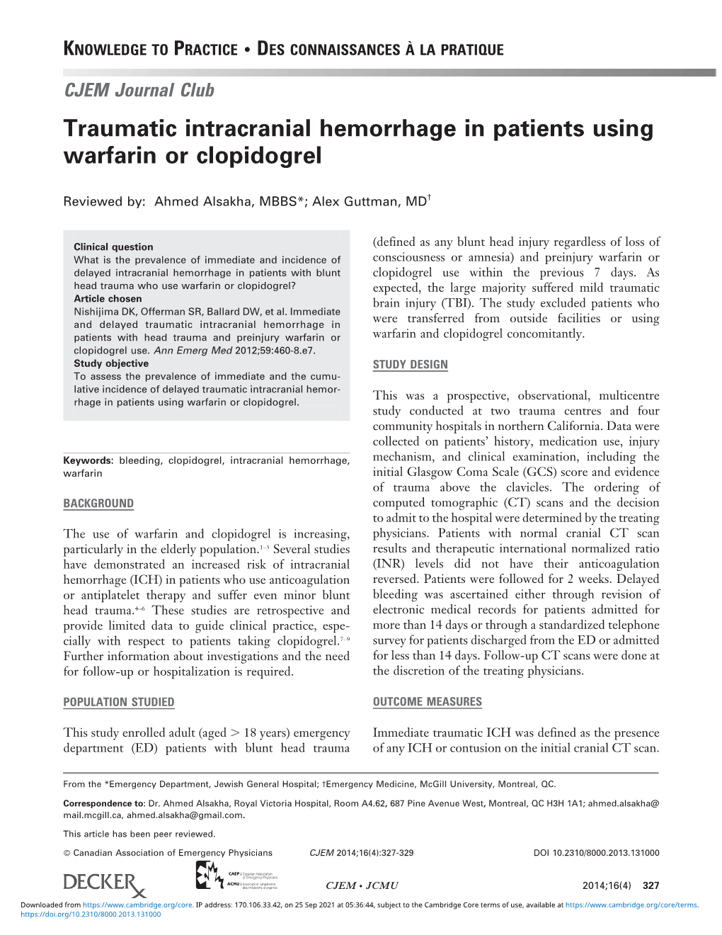 Traumatic Intracranial Hemorrhage in Patients Using Warfarin Or Clopidogrel
