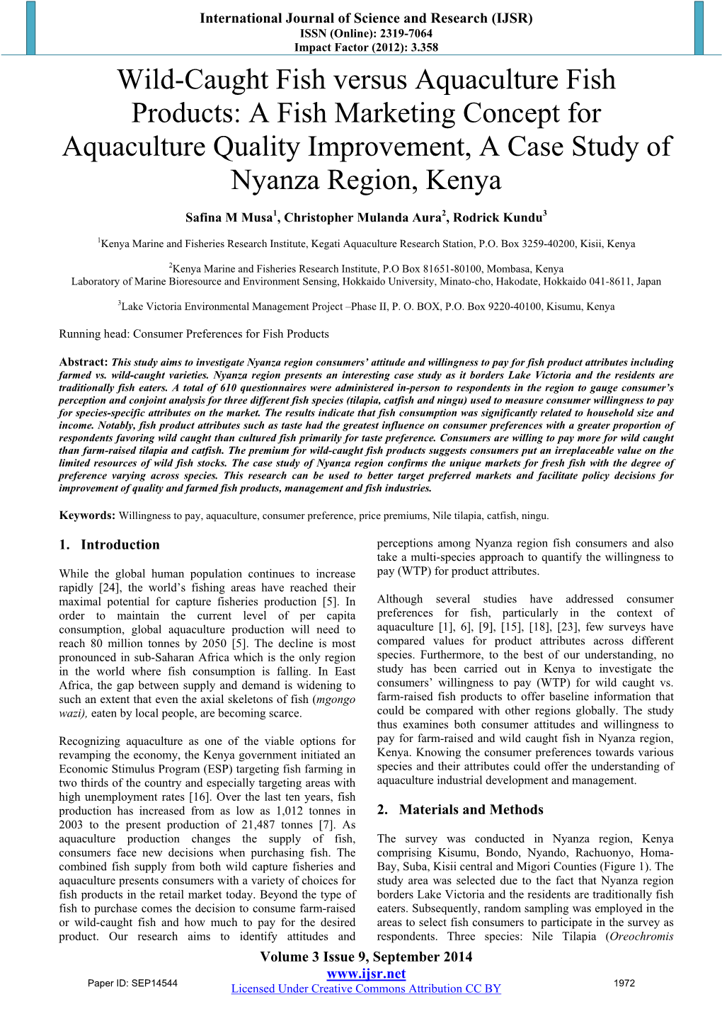 Wild-Caught Fish Versus Aquaculture Fish Products: a Fish Marketing Concept for Aquaculture Quality Improvement, a Case Study of Nyanza Region, Kenya