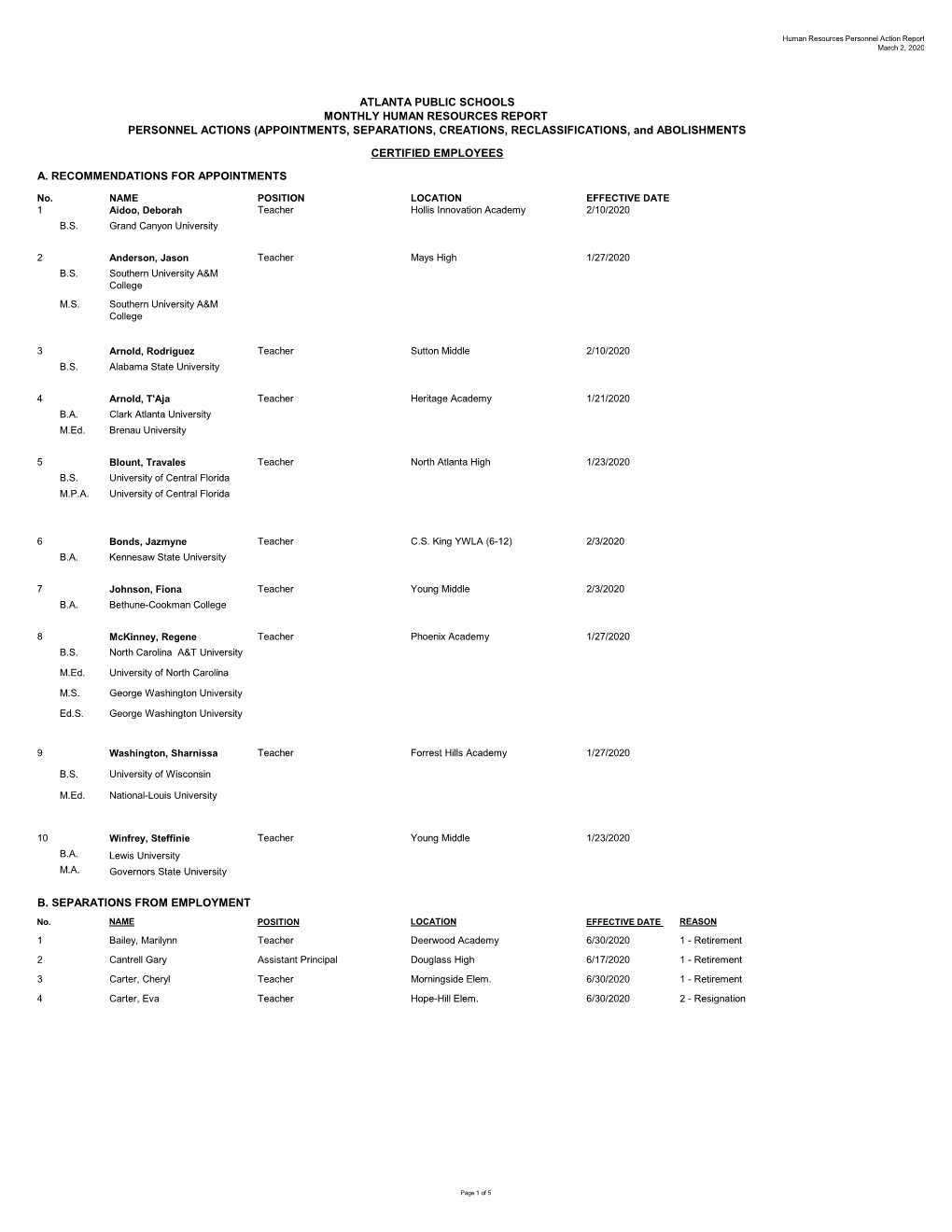 ATLANTA PUBLIC SCHOOLS MONTHLY HUMAN RESOURCES REPORT PERSONNEL ACTIONS (APPOINTMENTS, SEPARATIONS, CREATIONS, RECLASSIFICATIONS, and ABOLISHMENTS