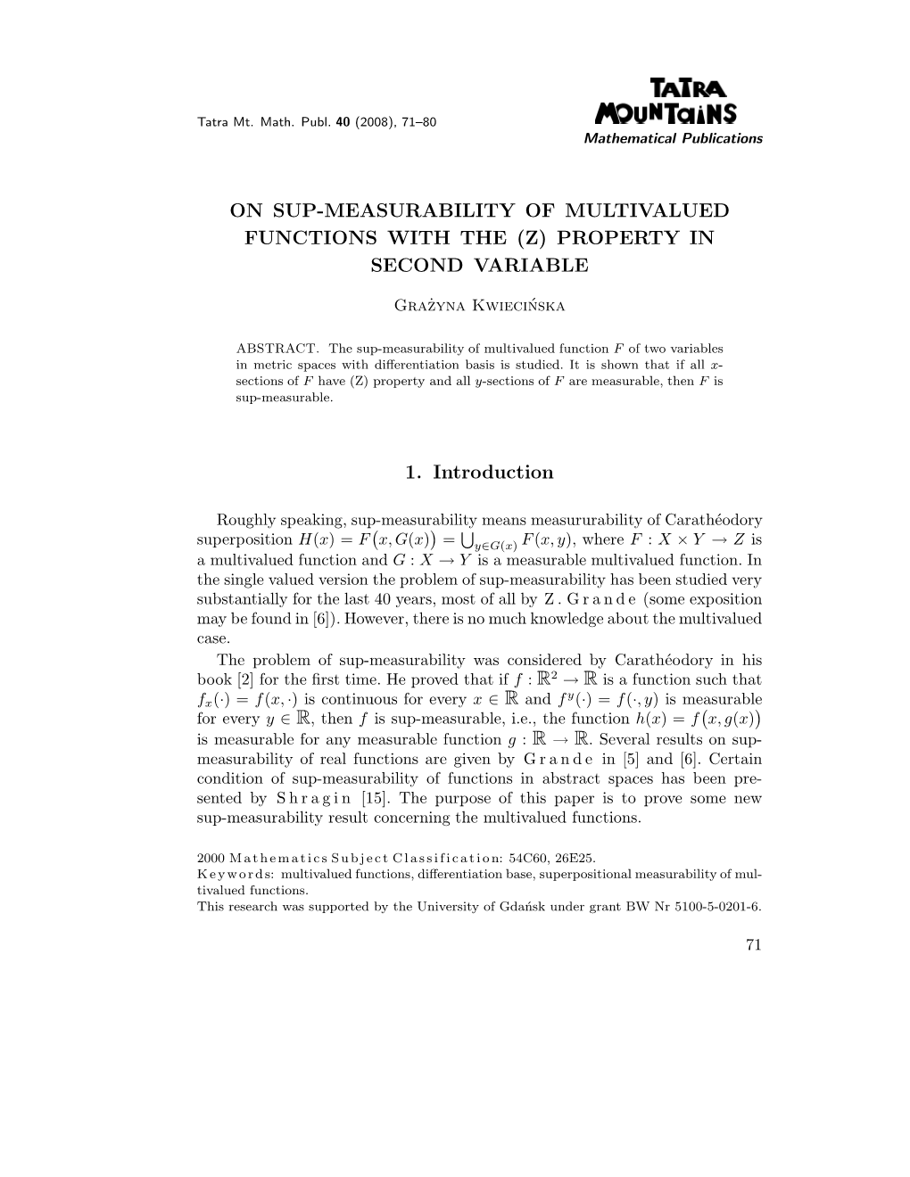 ON SUP-MEASURABILITY of MULTIVALUED FUNCTIONS with the (Z) PROPERTY in SECOND VARIABLE 1. Introduction