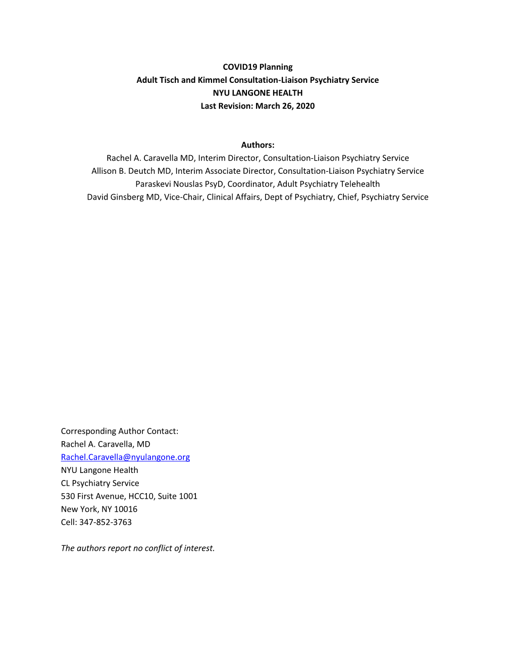 COVID19 Planning Adult Tisch and Kimmel Consultation-Liaison Psychiatry Service NYU LANGONE HEALTH Last Revision: March 26, 2020