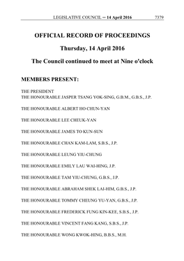 OFFICIAL RECORD of PROCEEDINGS Thursday, 14 April