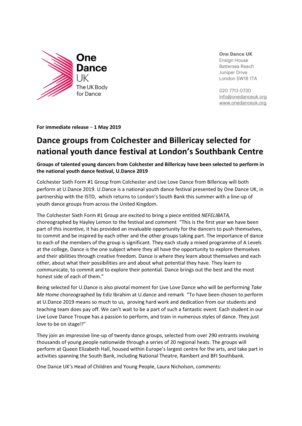Dance Groups from Colchester and Billericay Selected for National