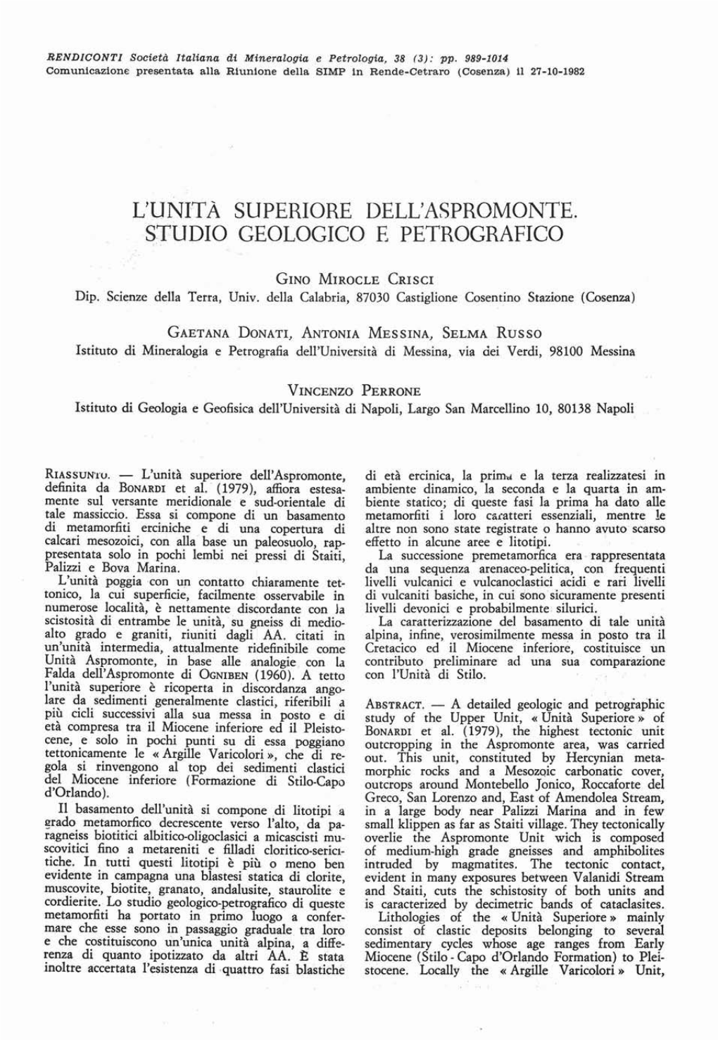 L'unità Superiore Dell'aspromonte. Studio Geologico E Petrografico